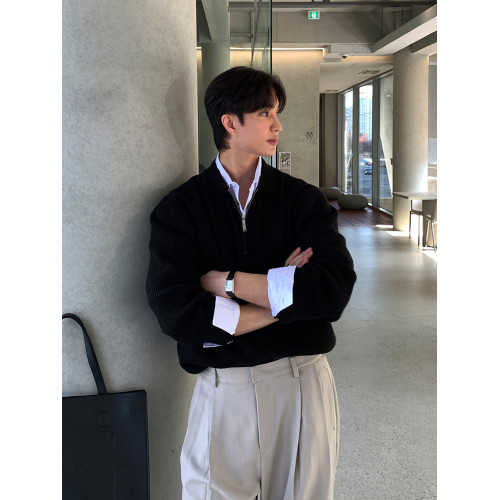 SSUMENAM「老錢風 半拉鍊」灰色POLO衫毛衣男秋季高級翻領針織衫