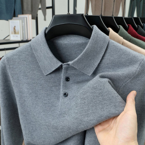 秋冬季新款男士polo領套頭毛衫中老年保暖百搭長袖毛衣針織打底衫