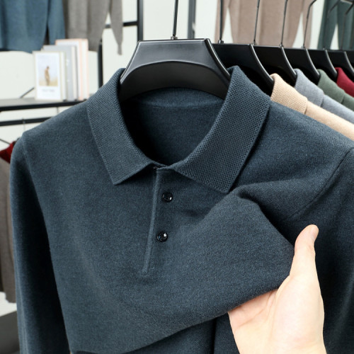 秋冬季新款男士polo領套頭毛衫中老年保暖百搭長袖毛衣針織打底衫