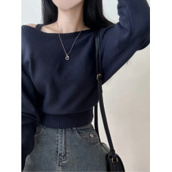 2024年新款韓國chic單邊露肩吊帶蝙蝠袖冬季針織衫氣質長袖毛衣潮