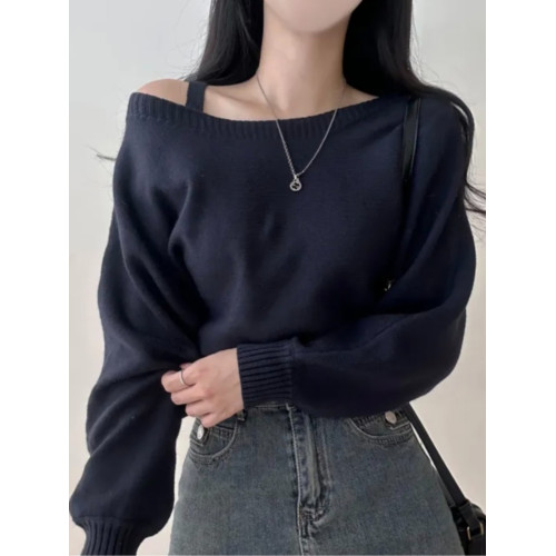 2024年新款韓國chic單邊露肩吊帶蝙蝠袖冬季針織衫氣質長袖毛衣潮