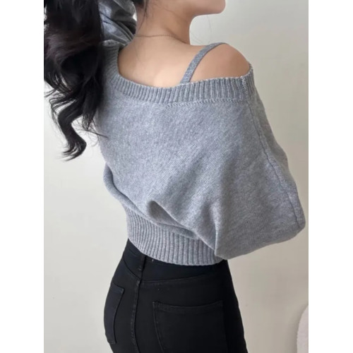 2024年新款韓國chic單邊露肩吊帶蝙蝠袖冬季針織衫氣質長袖毛衣潮