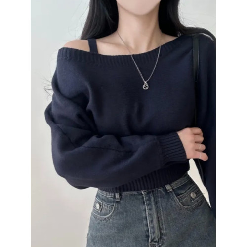 2024年新款韓國chic單邊露肩吊帶蝙蝠袖冬季針織衫氣質長袖毛衣潮