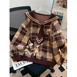 超好看海軍領復古格子美拉德可愛毛衣女秋冬穿搭寬松慵懶風針織衫