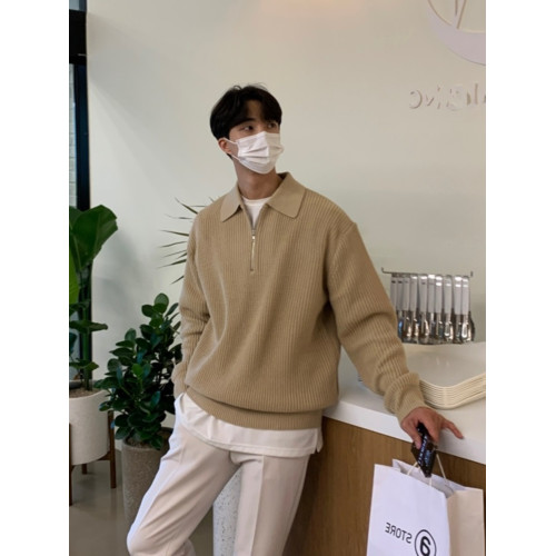 半拉鍊毛衣男秋冬款日系復古高級感慵懶風翻領針織衫寬松休閒線衣