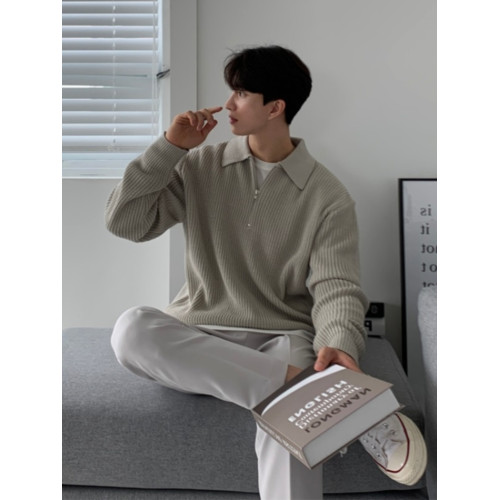 半拉鍊毛衣男秋冬款日系復古高級感慵懶風翻領針織衫寬松休閒線衣