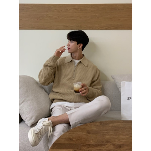 半拉鍊毛衣男秋冬款日系復古高級感慵懶風翻領針織衫寬松休閒線衣