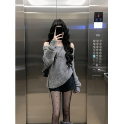 美式復古灰色一字肩毛衣女秋冬寬松慵懶風松弛感套頭長袖針織上衣