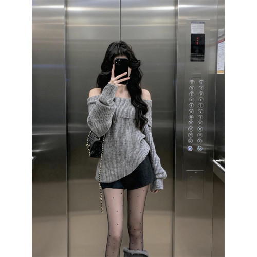 美式復古灰色一字肩毛衣女秋冬寬松慵懶風松弛感套頭長袖針織上衣 美式復古灰色一字肩毛衣女秋冬寬松慵懶風松弛感套頭長袖針織上衣