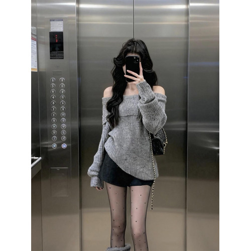 美式復古灰色一字肩毛衣女秋冬寬松慵懶風松弛感套頭長袖針織上衣 美式復古灰色一字肩毛衣女秋冬寬松慵懶風松弛感套頭長袖針織上衣
