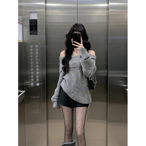 美式復古灰色一字肩毛衣女秋冬寬松慵懶風松弛感套頭長袖針織上衣 美式復古灰色一字肩毛衣女秋冬寬松慵懶風松弛感套頭長袖針織上衣