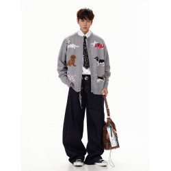 GCINIM401秋季新款慵懶風毛衣美式復古趣味卡通小狗刺綉針織開衫