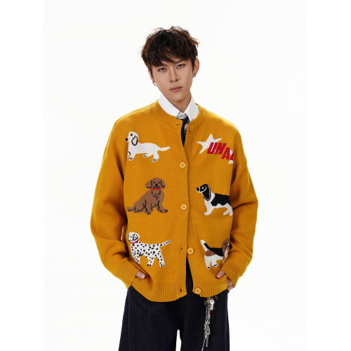 GCINIM401秋季新款慵懶風毛衣美式復古趣味卡通小狗刺綉針織開衫