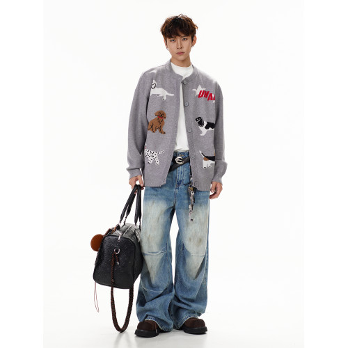 GCINIM401秋季新款慵懶風毛衣美式復古趣味卡通小狗刺綉針織開衫