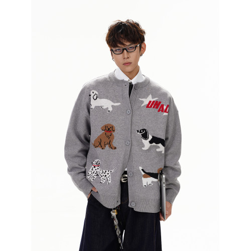 GCINIM401秋季新款慵懶風毛衣美式復古趣味卡通小狗刺綉針織開衫