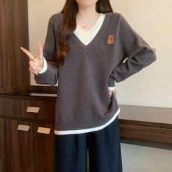 大碼胖mm假兩件V領毛衣女冬季打底內搭慵懶減齡顯瘦套頭針織上衣