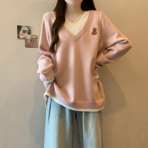 大碼胖mm假兩件V領毛衣女冬季打底內搭慵懶減齡顯瘦套頭針織上衣 大碼胖mm假兩件V領毛衣女冬季打底內搭慵懶減齡顯瘦套頭針織上衣