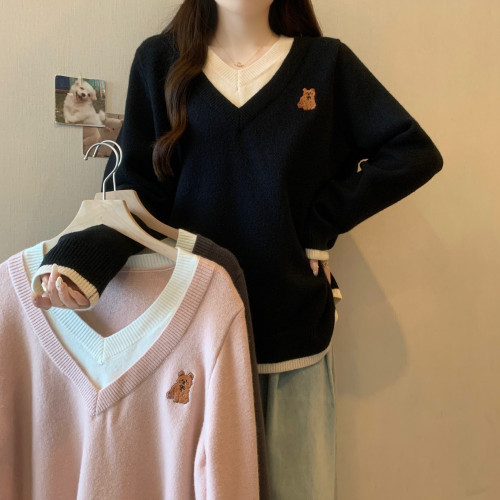 大碼胖mm假兩件V領毛衣女冬季打底內搭慵懶減齡顯瘦套頭針織上衣 大碼胖mm假兩件V領毛衣女冬季打底內搭慵懶減齡顯瘦套頭針織上衣