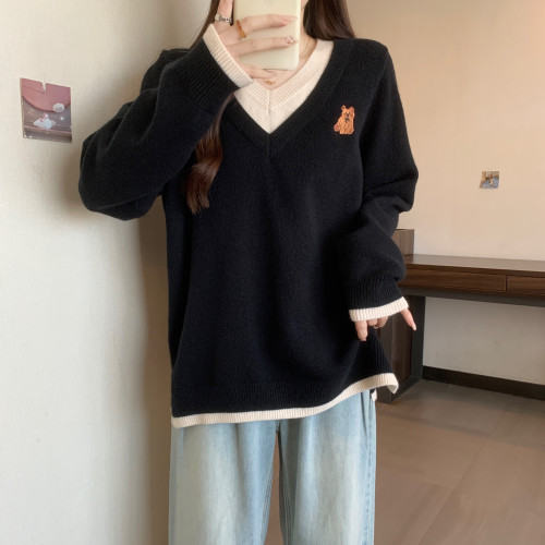 大碼胖mm假兩件V領毛衣女冬季打底內搭慵懶減齡顯瘦套頭針織上衣 大碼胖mm假兩件V領毛衣女冬季打底內搭慵懶減齡顯瘦套頭針織上衣