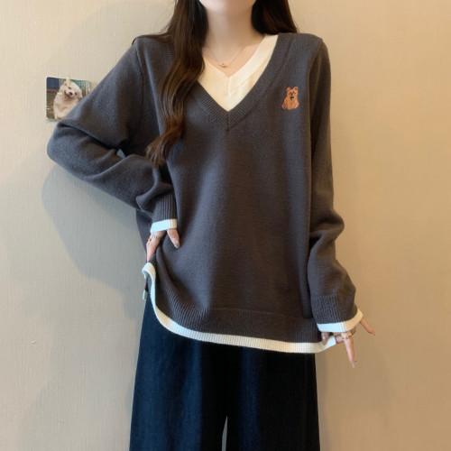 大碼胖mm假兩件V領毛衣女冬季打底內搭慵懶減齡顯瘦套頭針織上衣 大碼胖mm假兩件V領毛衣女冬季打底內搭慵懶減齡顯瘦套頭針織上衣