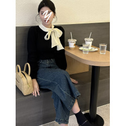 千金小香風蝴蝶結系帶針織衫女春秋新款修身氣質內搭茶系洋氣上衣