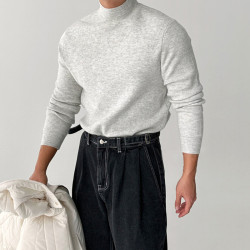 歐貨高級包芯紗針織衫男美式修身型半高領純色毛衣內搭打底羊毛衫