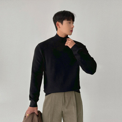 歐貨高級包芯紗針織衫男美式修身型半高領純色毛衣內搭打底羊毛衫