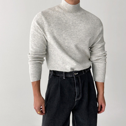 歐貨高級包芯紗針織衫男美式修身型半高領純色毛衣內搭打底羊毛衫