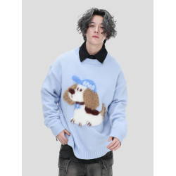 INSstudios 國潮牌情侶美式「毛絨小狗提花毛衣」休閒套頭針織衫