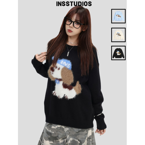 INSstudios 國潮牌情侶美式「毛絨小狗提花毛衣」休閒套頭針織衫