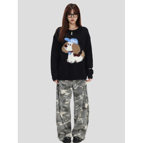 INSstudios 國潮牌情侶美式「毛絨小狗提花毛衣」休閒套頭針織衫