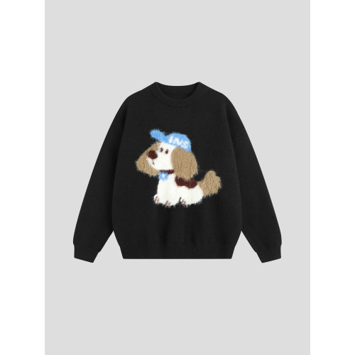 INSstudios 國潮牌情侶美式「毛絨小狗提花毛衣」休閒套頭針織衫