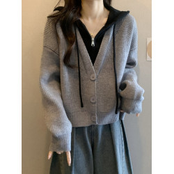 灰色假兩件連帽毛衣外套女秋季大碼胖mm寬松顯瘦短款針織開衫上衣