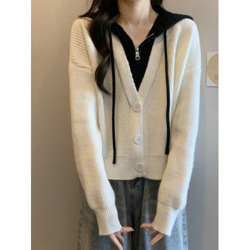 灰色假兩件連帽毛衣外套女秋季大碼胖mm寬松顯瘦短款針織開衫上衣