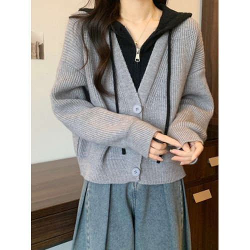 灰色假兩件連帽毛衣外套女秋季大碼胖mm寬松顯瘦短款針織開衫上衣
