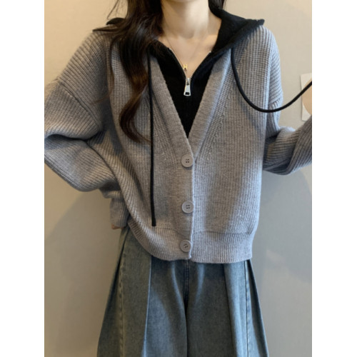 灰色假兩件連帽毛衣外套女秋季大碼胖mm寬松顯瘦短款針織開衫上衣