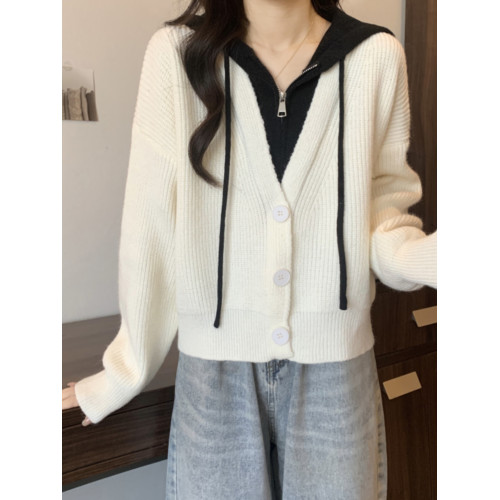 灰色假兩件連帽毛衣外套女秋季大碼胖mm寬松顯瘦短款針織開衫上衣