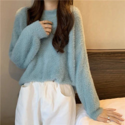 水貂絨毛衣女士2025秋冬新款韓版寬松圓領外穿上衣學生針織衫內搭