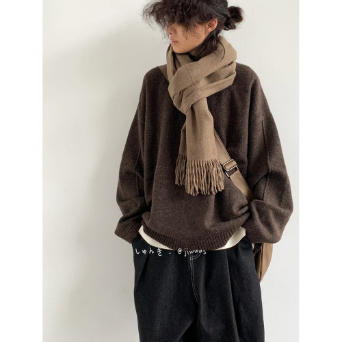 Jiwuus 秋冬日系復古純色針織衫男女生學院風寬鬆中性美拉德毛衣