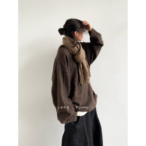 Jiwuus 秋冬日系復古純色針織衫男女生學院風寬鬆中性美拉德毛衣