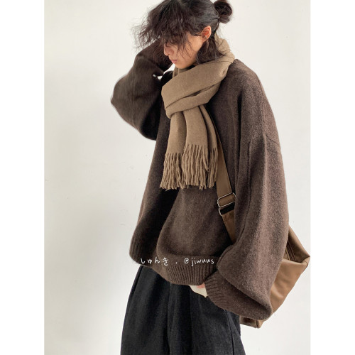 Jiwuus 秋冬日系復古純色針織衫男女生學院風寬鬆中性美拉德毛衣