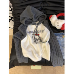 2025新款慵懶高級感上衣KITTY貓綉花插肩袖連帽撞色套頭毛衣女