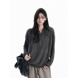 【坐吃山空】秋季慵懶感高級深灰色紐釦半開領針織衫女寬松長袖潮