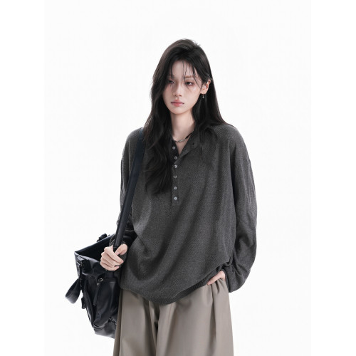 【坐吃山空】秋季慵懶感高級深灰色紐釦半開領針織衫女寬松長袖潮 【坐吃山空】秋季慵懶感高級深灰色紐釦半開領針織衫女寬松長袖潮