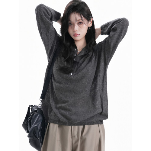 【坐吃山空】秋季慵懶感高級深灰色紐釦半開領針織衫女寬松長袖潮 【坐吃山空】秋季慵懶感高級深灰色紐釦半開領針織衫女寬松長袖潮