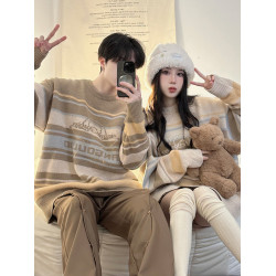 港風復古潮牌條紋毛衣男秋冬寬松休閒慵懶風美式圓領針織衫情侶裝