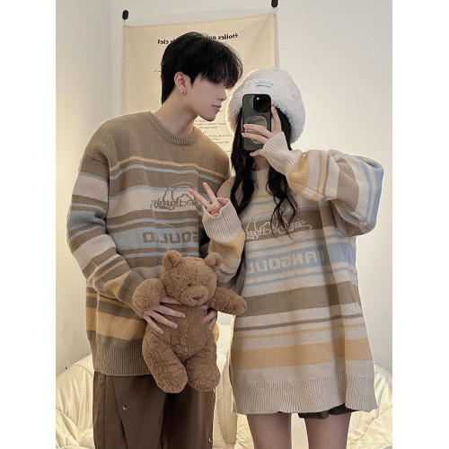 港風復古潮牌條紋毛衣男秋冬寬松休閒慵懶風美式圓領針織衫情侶裝