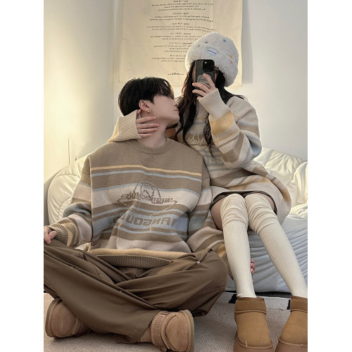 港風復古潮牌條紋毛衣男秋冬寬松休閒慵懶風美式圓領針織衫情侶裝