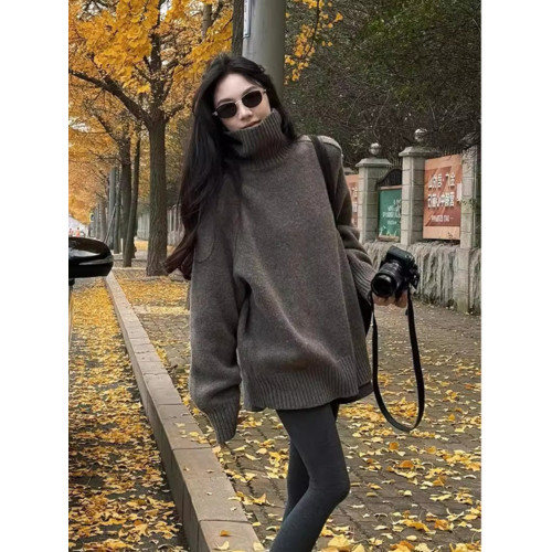 慵懶風棕色中長款高領毛衣女冬季加厚高級感套頭浣熊絨針織衫外穿