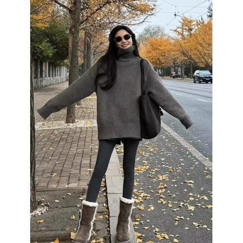 慵懶風棕色中長款高領毛衣女冬季加厚高級感套頭浣熊絨針織衫外穿